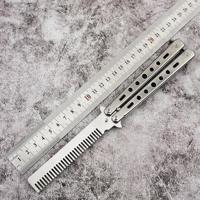 Foldable Comb Stainless Steel Butterfly Knife Comb Beard Moustache Brush