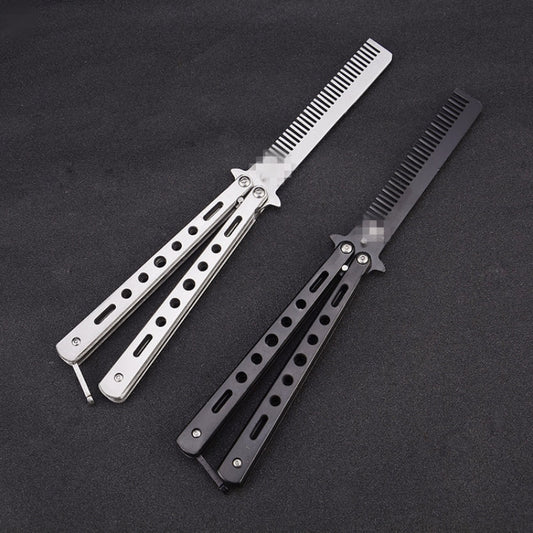 Foldable Comb Stainless Steel Butterfly Knife Comb Beard Moustache Brush